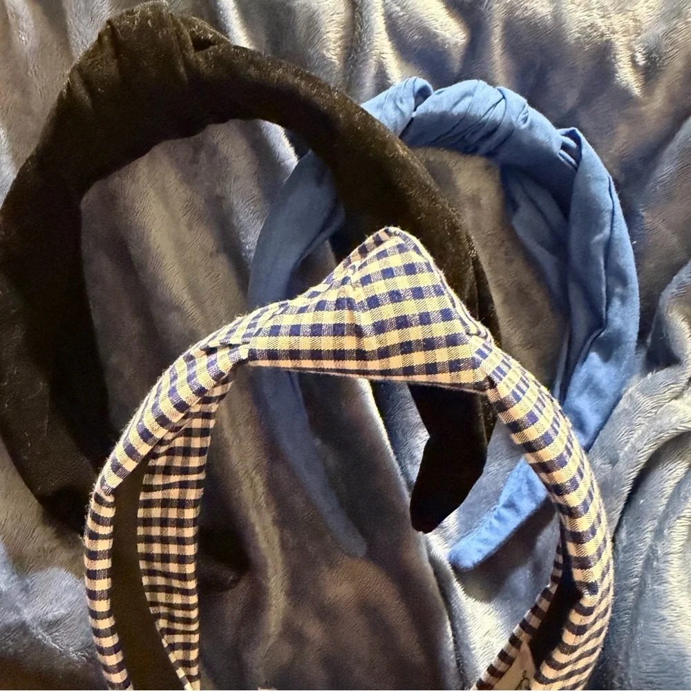 Set of 3 Padded Headbands Blue Gingham Black Velvet & Solid Blue Wide  Headbands